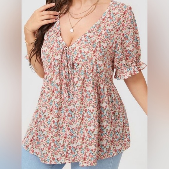SHEIN Curve Floral Tie Front Plus Size Blouse - Picture 1 of 7